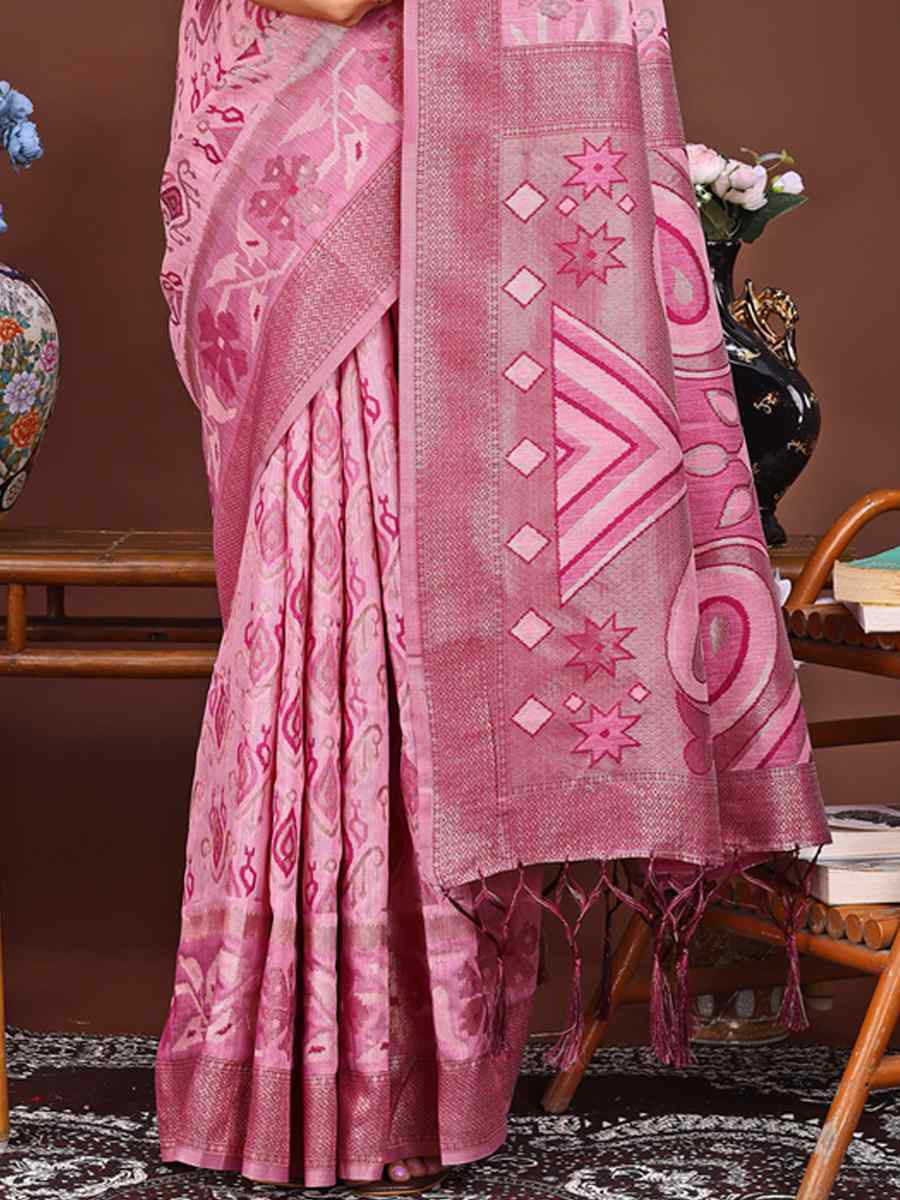 Pink Linen Cotton Printed Festival Wedding Fancy Heavy Border Saree