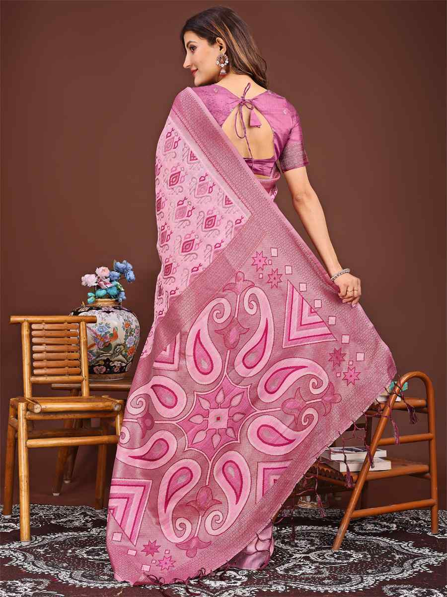 Pink Linen Cotton Printed Festival Wedding Fancy Heavy Border Saree