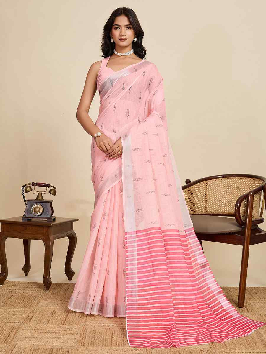 Pink Linen Cotton Printed Handwoven Traditional Casual Festival Fancy Classic Style Sarees