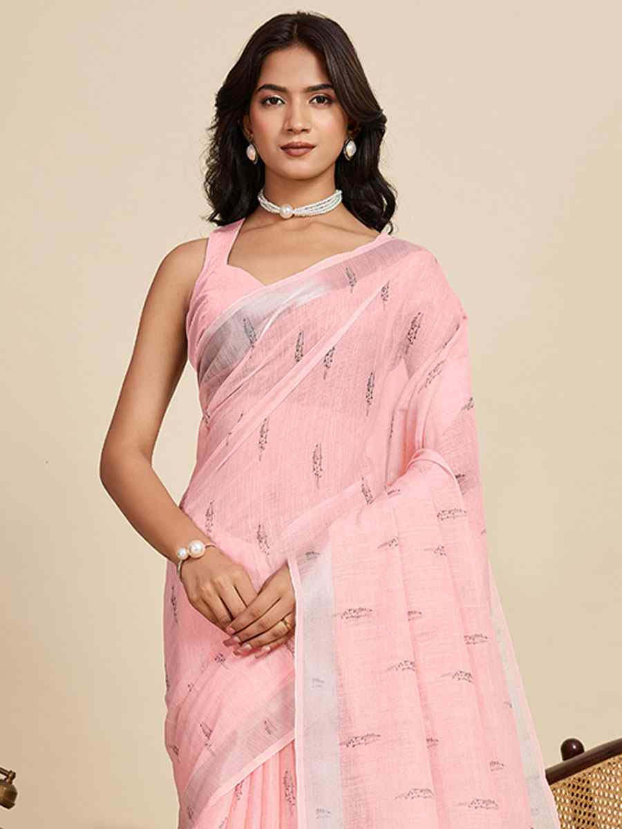 Pink Linen Cotton Printed Handwoven Traditional Casual Festival Fancy Classic Style Sarees