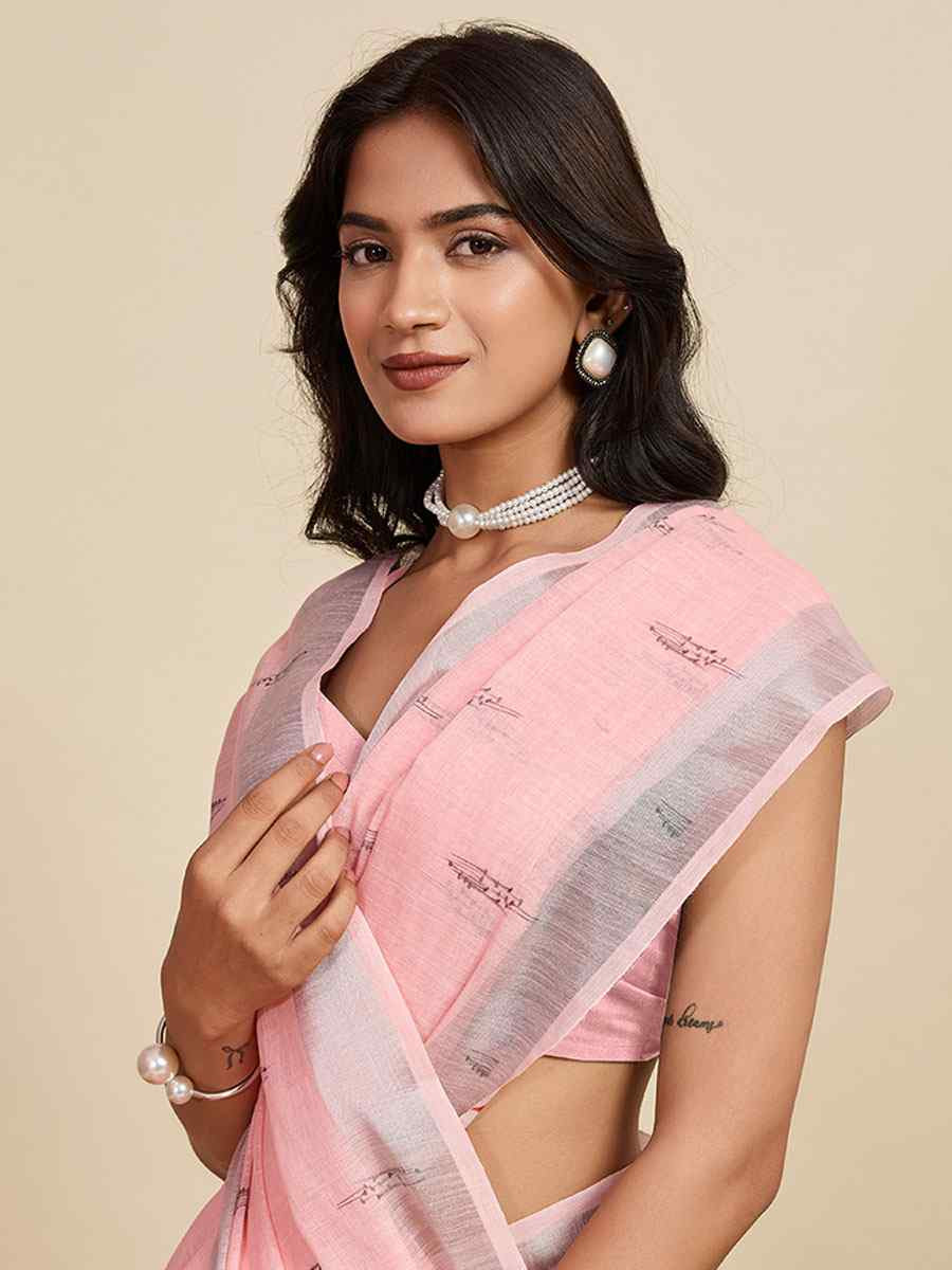 Pink Linen Cotton Printed Handwoven Traditional Casual Festival Fancy Classic Style Sarees