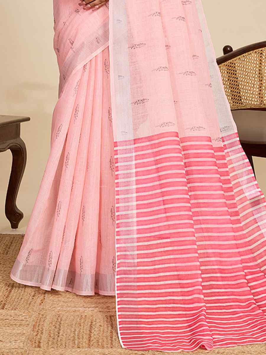 Pink Linen Cotton Printed Handwoven Traditional Casual Festival Fancy Classic Style Sarees
