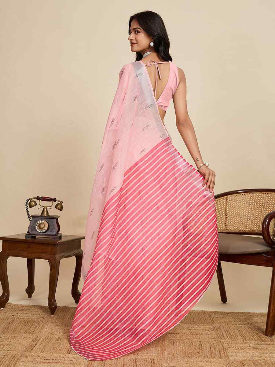 Pink Linen Cotton Printed Handwoven Traditional Casual Festival Fancy Classic Style Sarees