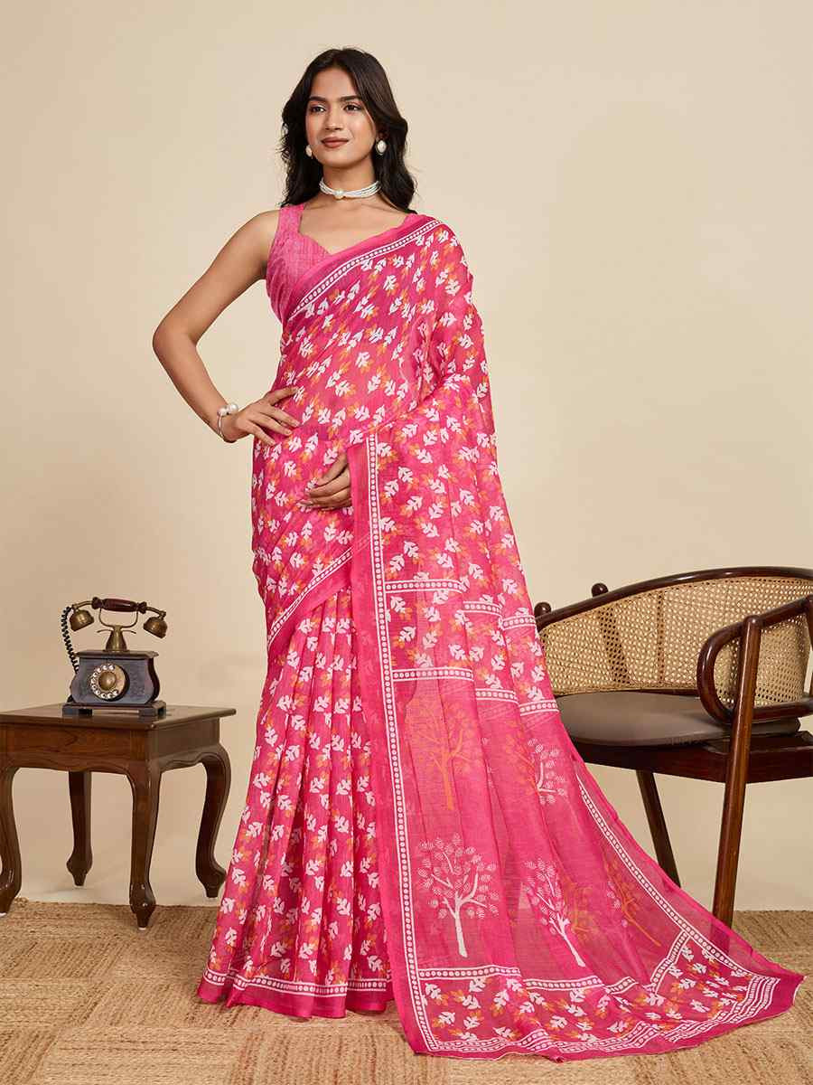 Pink Linen Cotton Printed Handwoven Traditional Casual Festival Fancy Classic Style Sarees