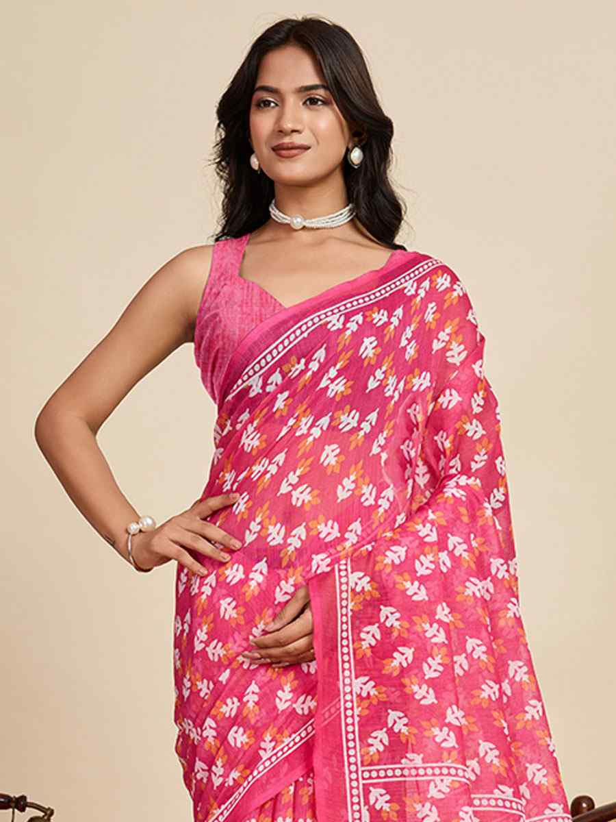 Pink Linen Cotton Printed Handwoven Traditional Casual Festival Fancy Classic Style Sarees