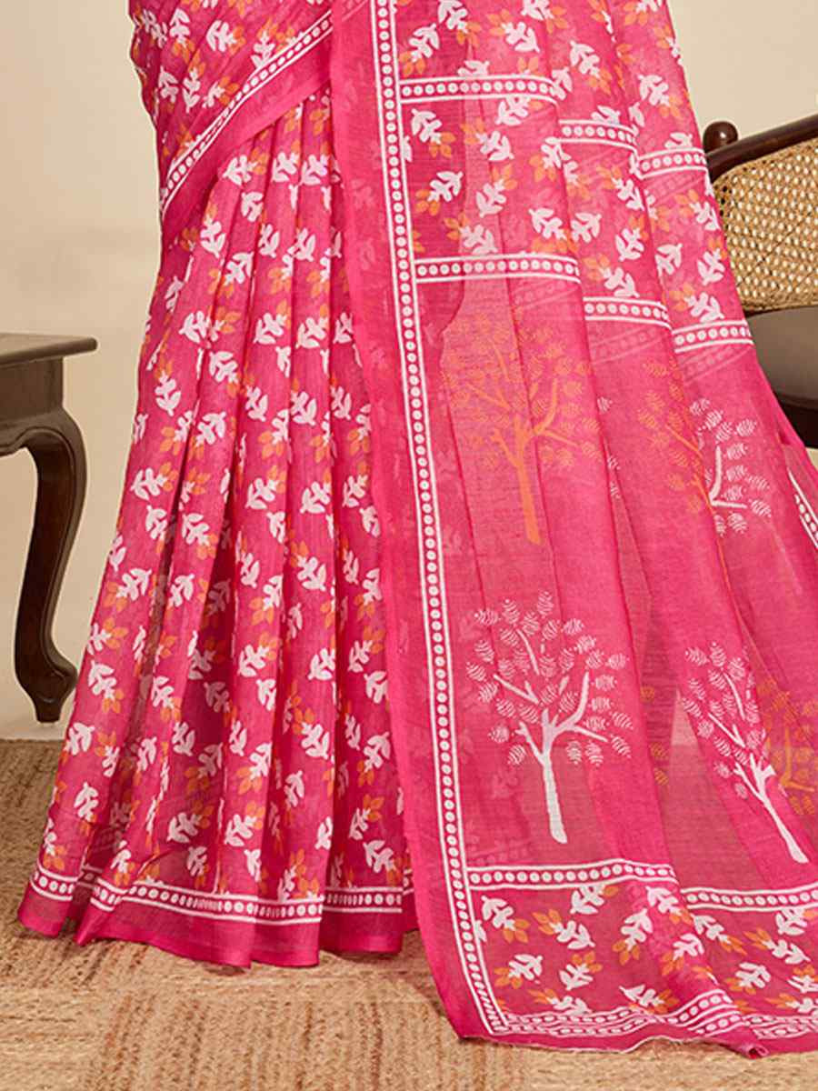 Pink Linen Cotton Printed Handwoven Traditional Casual Festival Fancy Classic Style Sarees