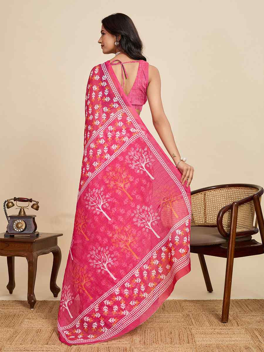 Pink Linen Cotton Printed Handwoven Traditional Casual Festival Fancy Classic Style Sarees