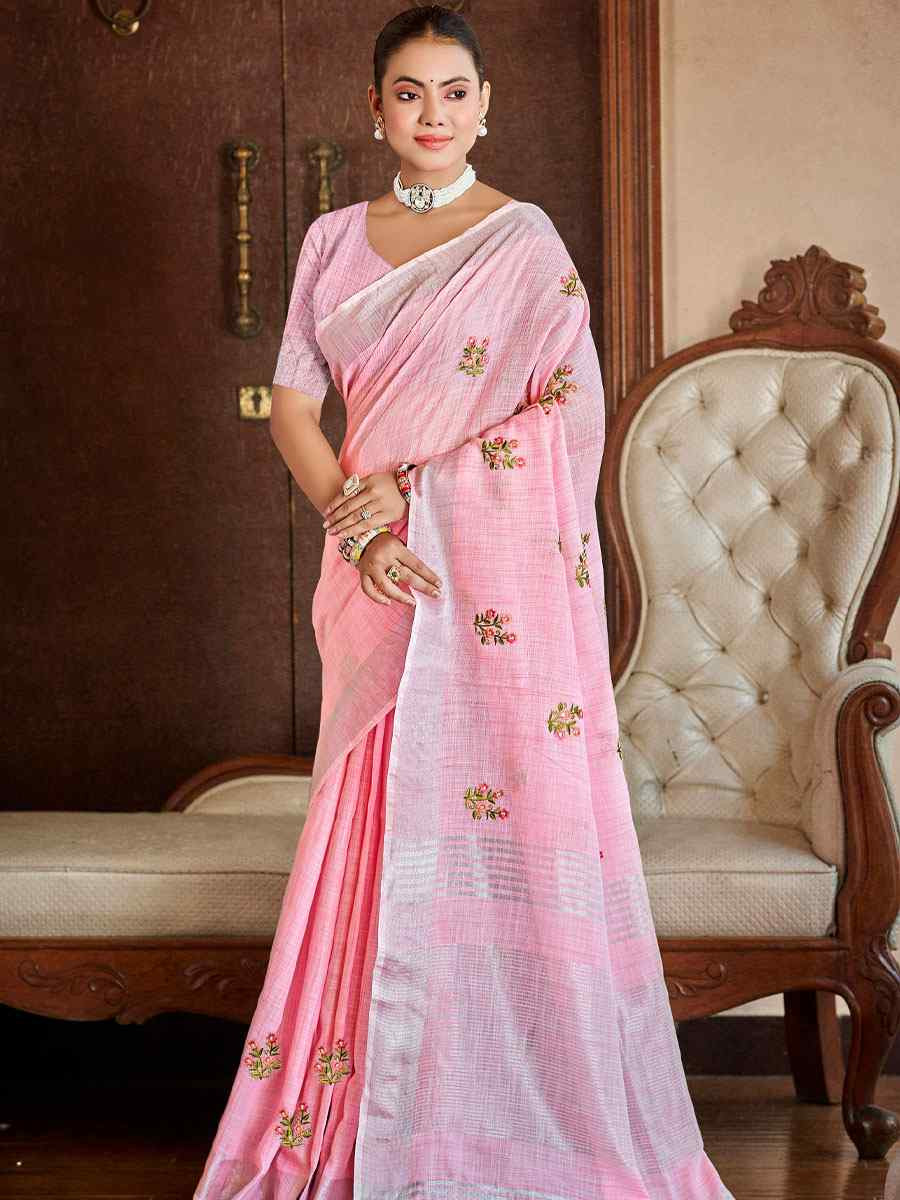Pink Linen Embroidery Handwoven Casual Festival Party Classic Style Sarees