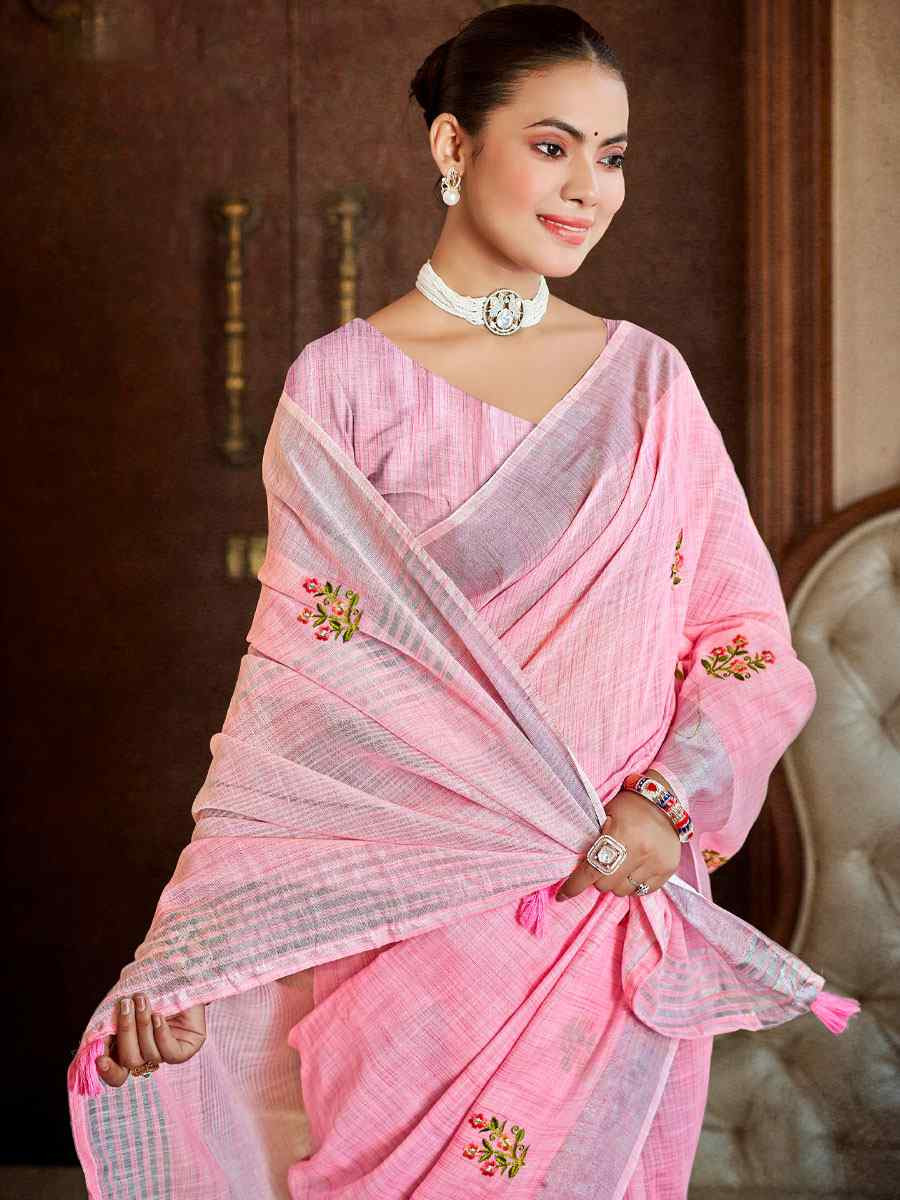 Pink Linen Embroidery Handwoven Casual Festival Party Classic Style Sarees