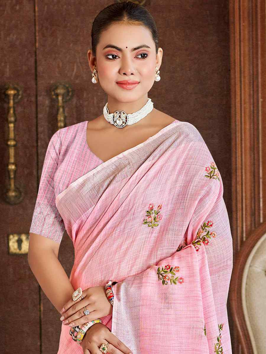 Pink Linen Embroidery Handwoven Casual Festival Party Classic Style Sarees