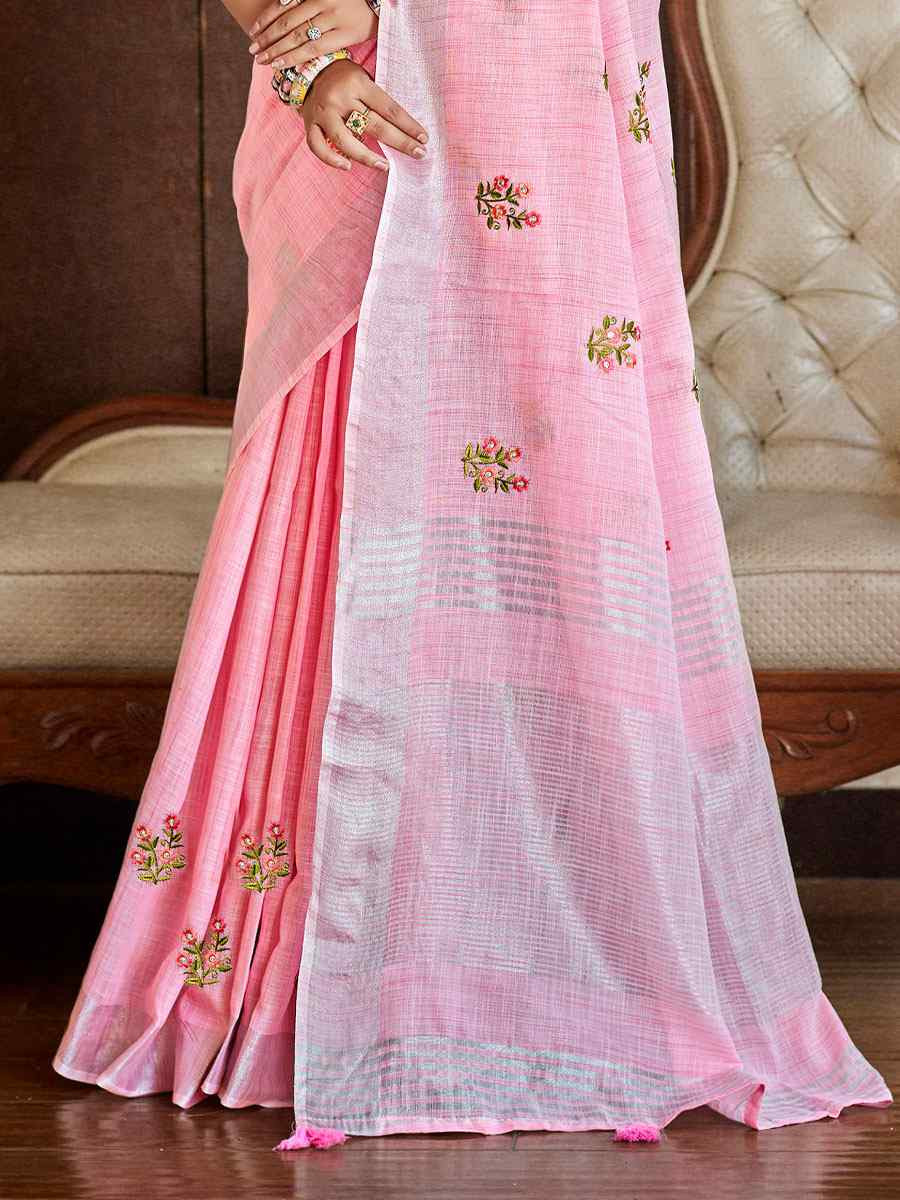 Pink Linen Embroidery Handwoven Casual Festival Party Classic Style Sarees