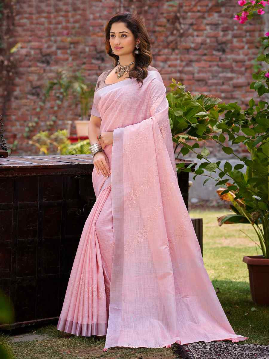 Pink Linen Embroidery Handwoven Casual Festival Party Classic Style Sarees