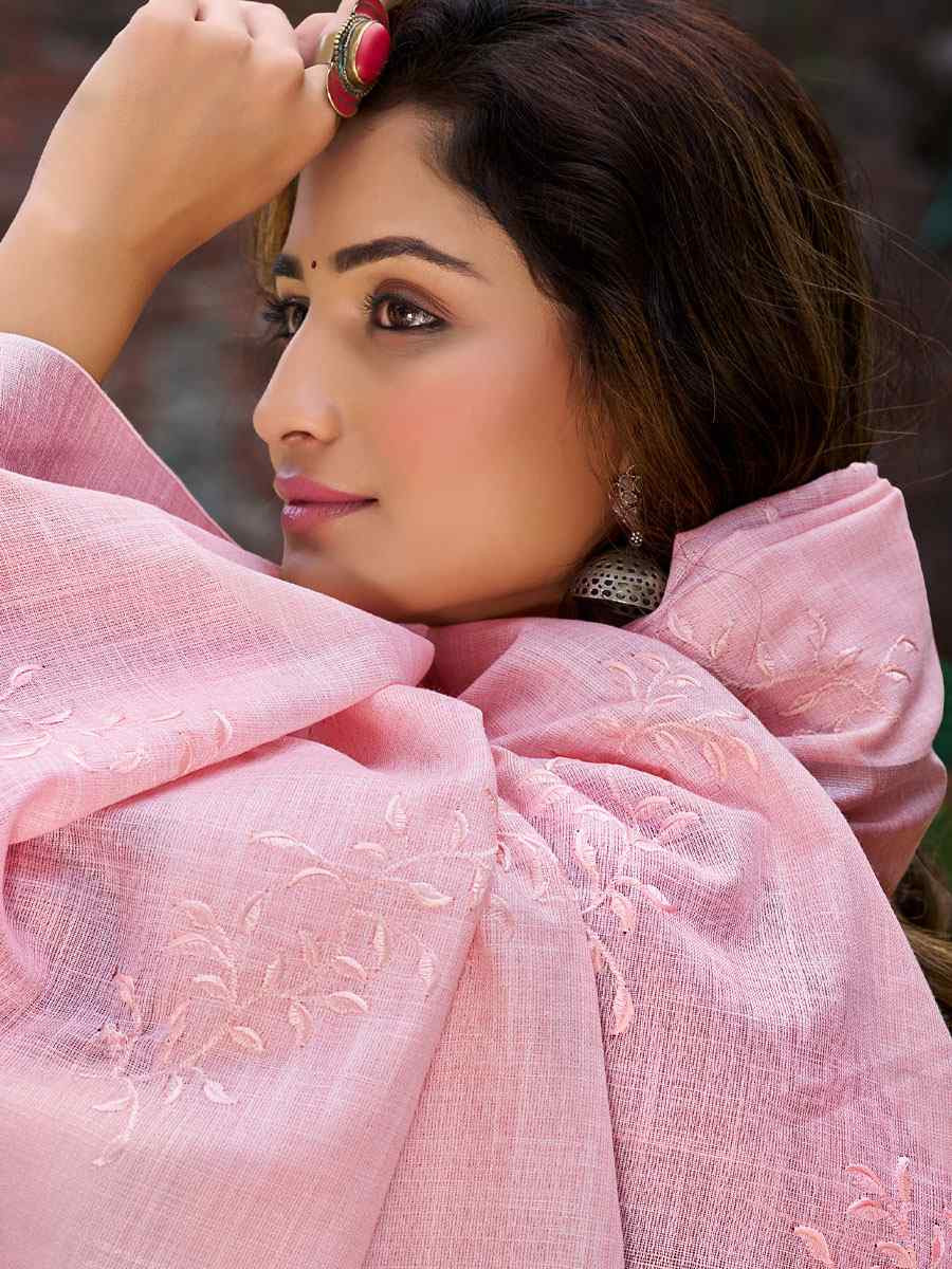 Pink Linen Embroidery Handwoven Casual Festival Party Classic Style Sarees