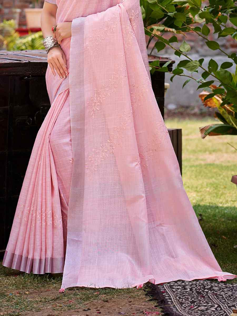 Pink Linen Embroidery Handwoven Casual Festival Party Classic Style Sarees