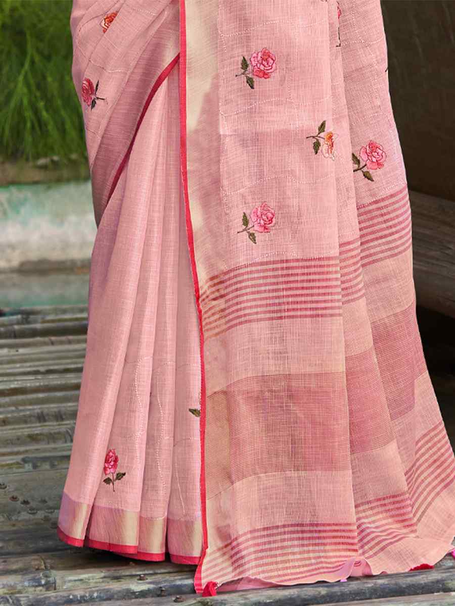 Pink Linen Handwoven Casual Festival Classic Style Saree