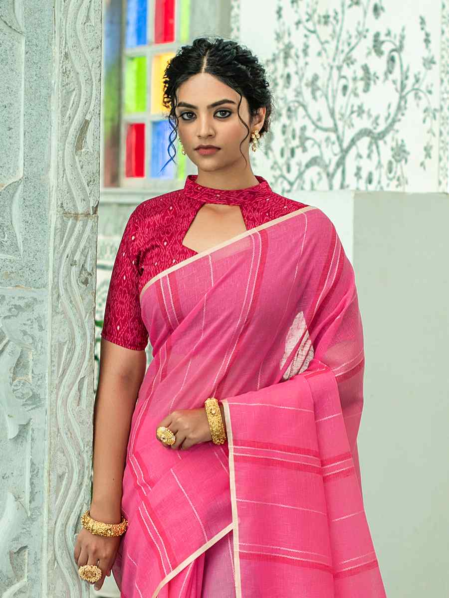 Pink Linen Handwoven Casual Festival Classic Style Saree