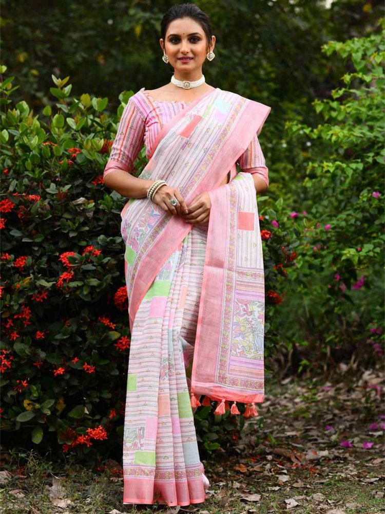 Pink Linen Handwoven Casual Festival Classic Style Saree