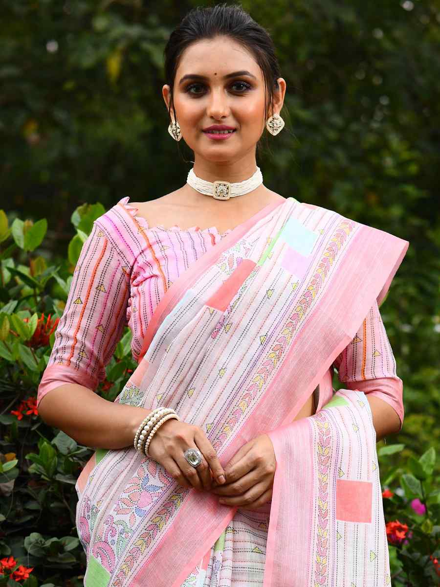 Pink Linen Handwoven Casual Festival Classic Style Saree