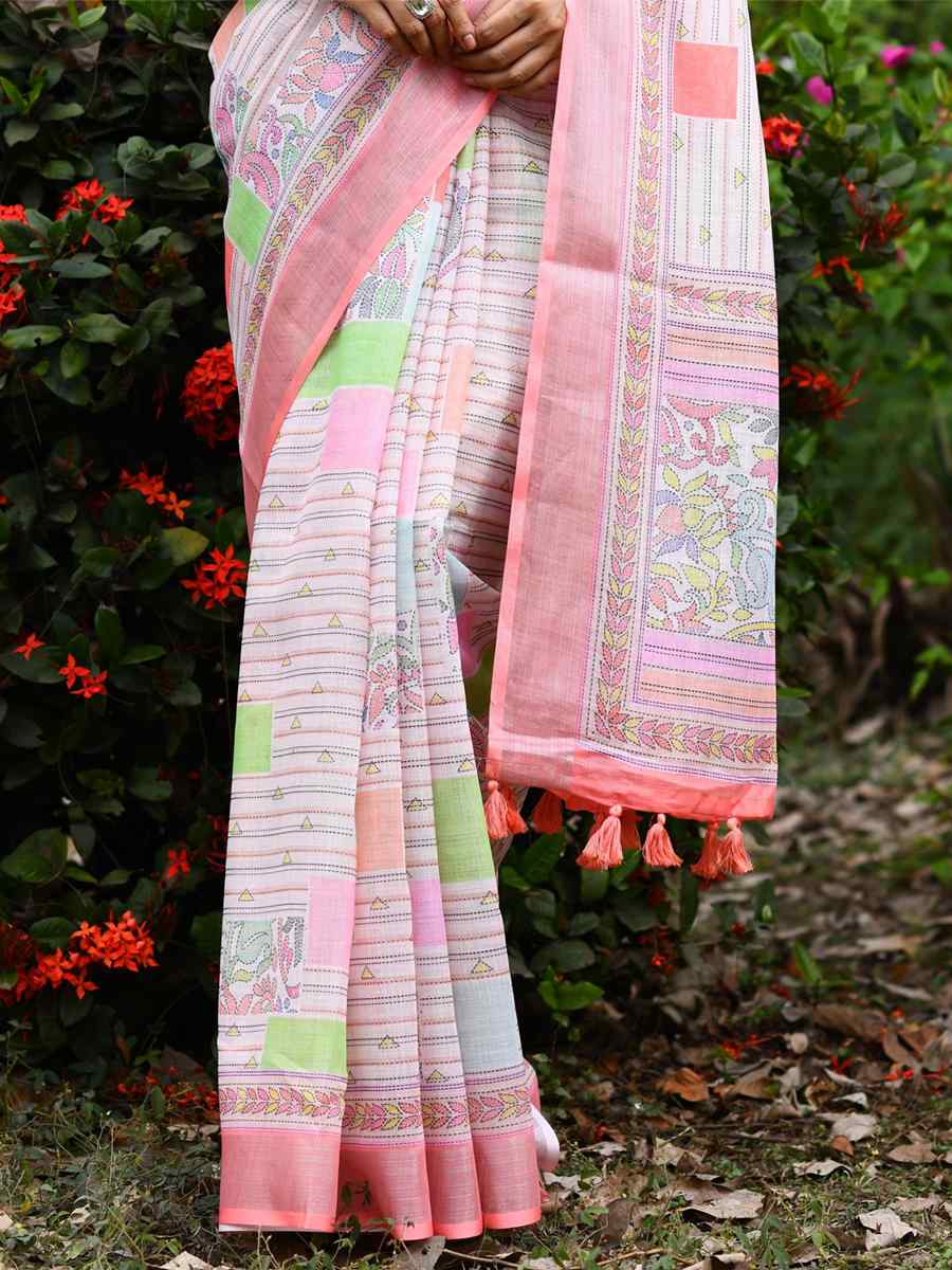 Pink Linen Handwoven Casual Festival Classic Style Saree