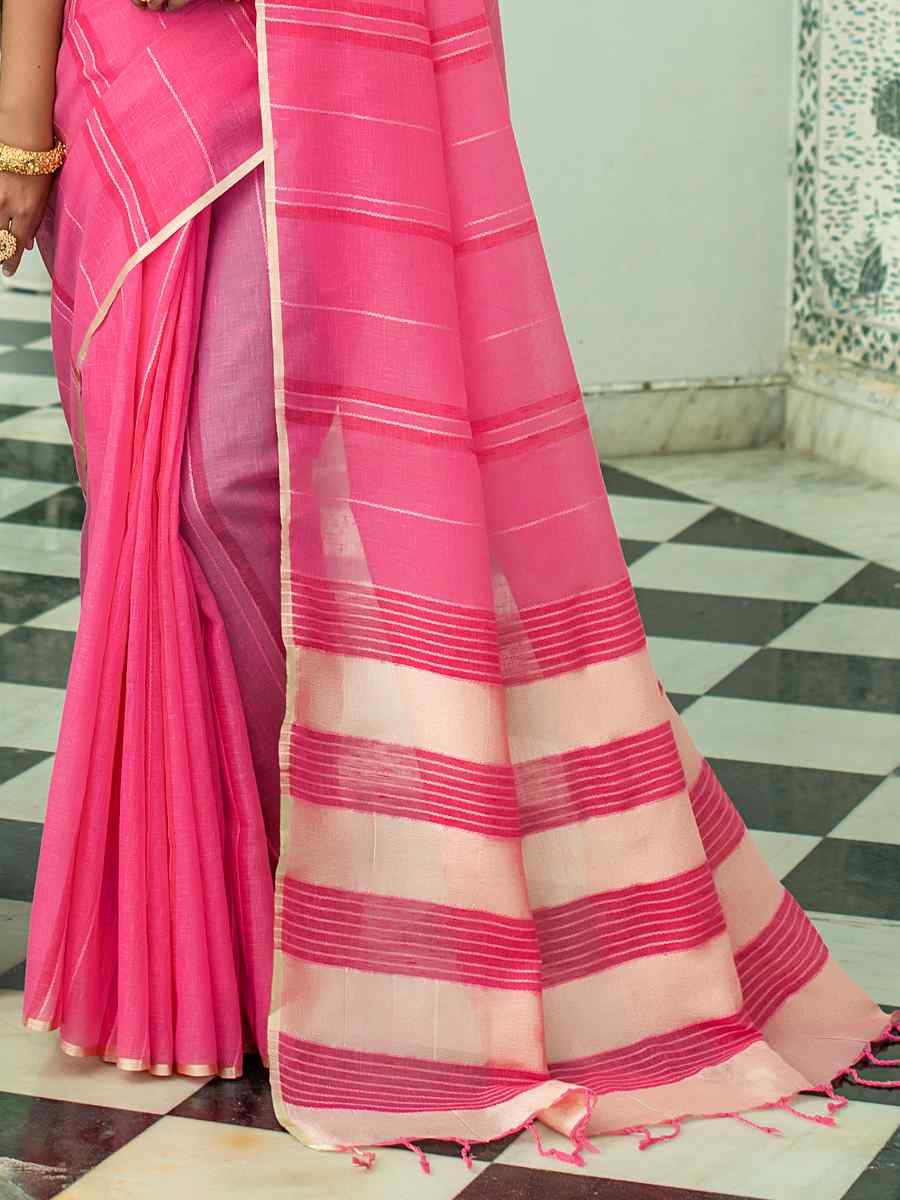 Pink Linen Handwoven Casual Festival Classic Style Saree