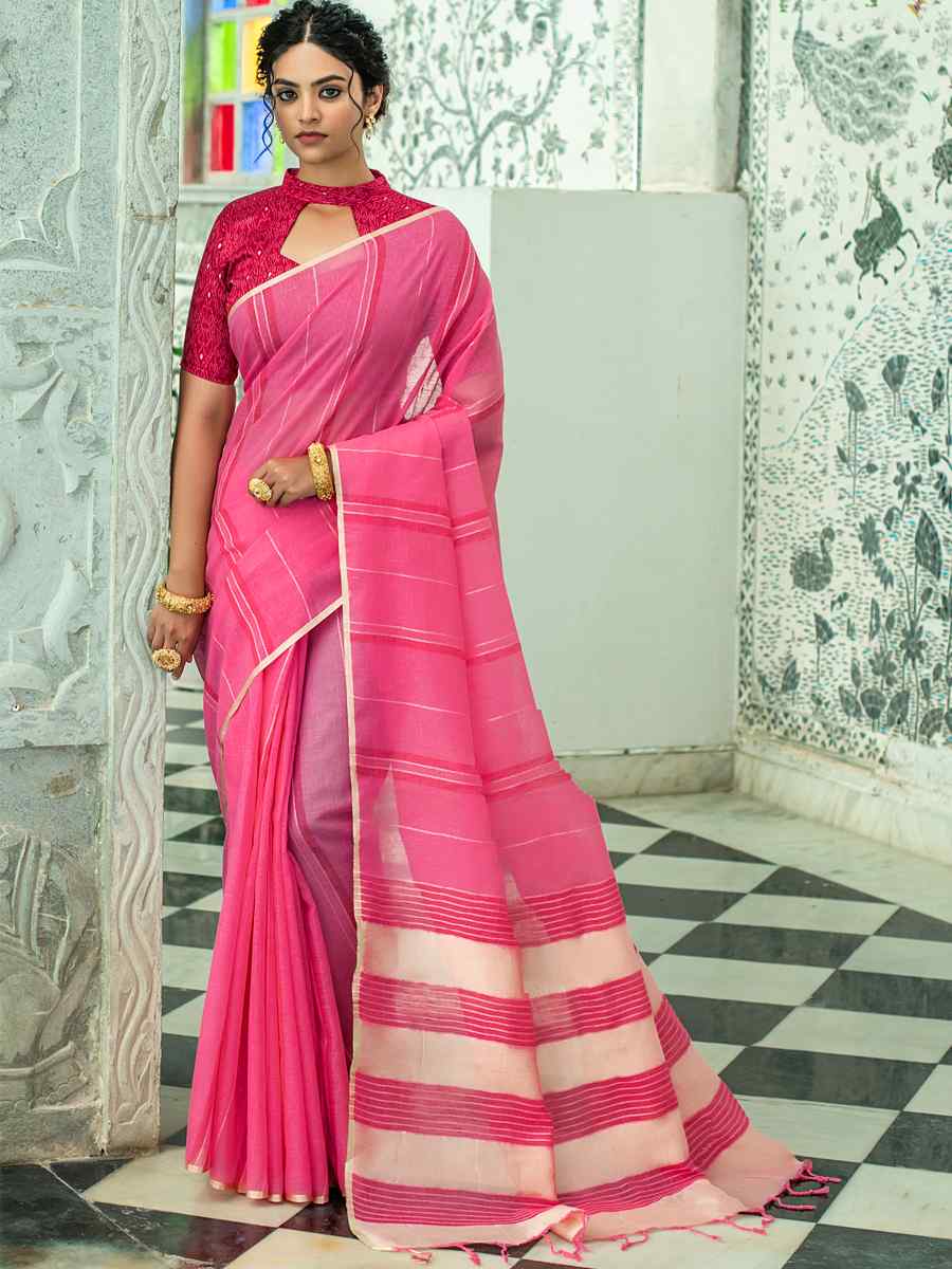 Pink Linen Handwoven Casual Festival Classic Style Saree