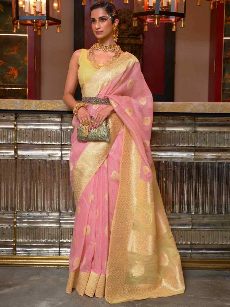 Pink Linen Handwoven Party Festival Heavy Border Saree