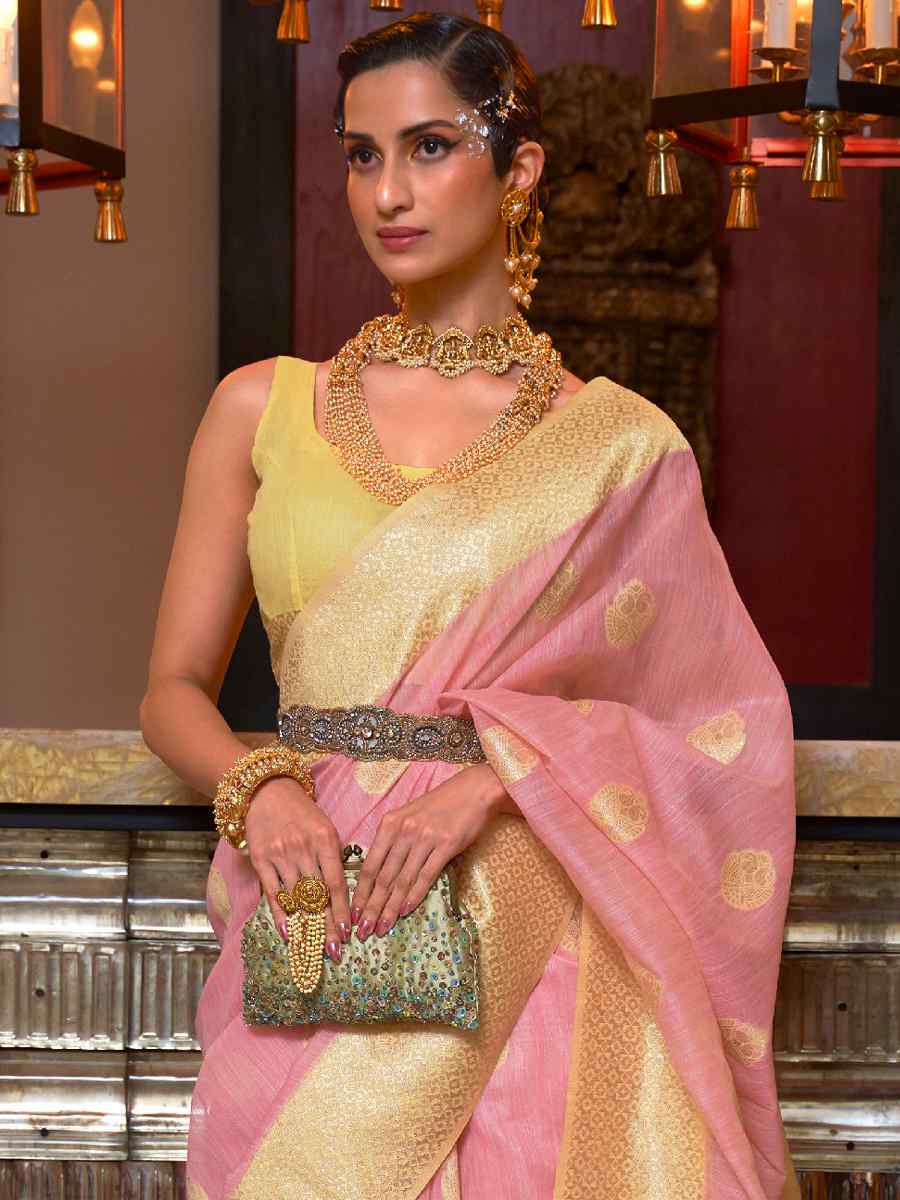 Pink Linen Handwoven Party Festival Heavy Border Saree