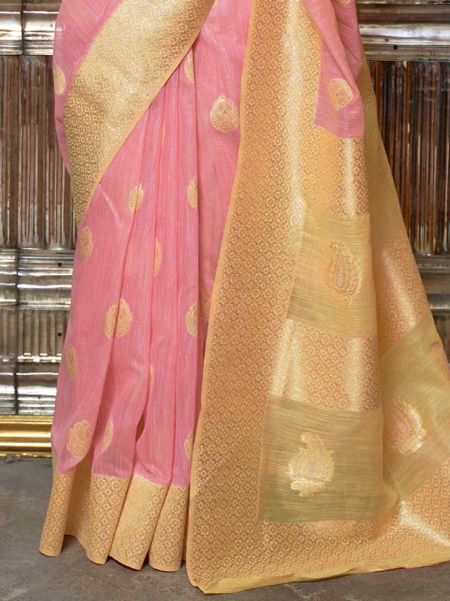 Pink Linen Handwoven Party Festival Heavy Border Saree