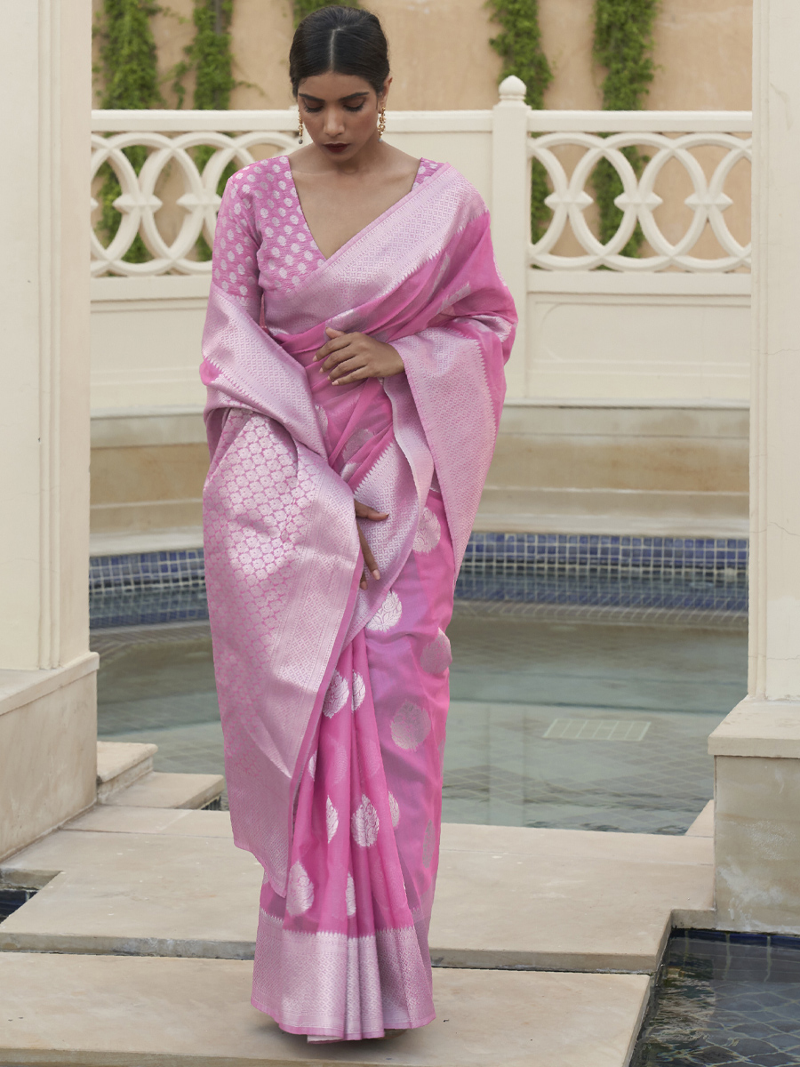 Pink Linen Handwoven Wedding Festival Heavy Border Saree