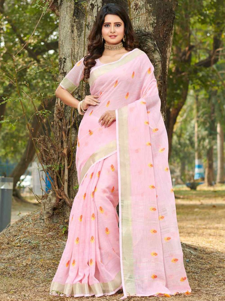 Pink Linen Handwoven Wedding Festival Heavy Border Saree