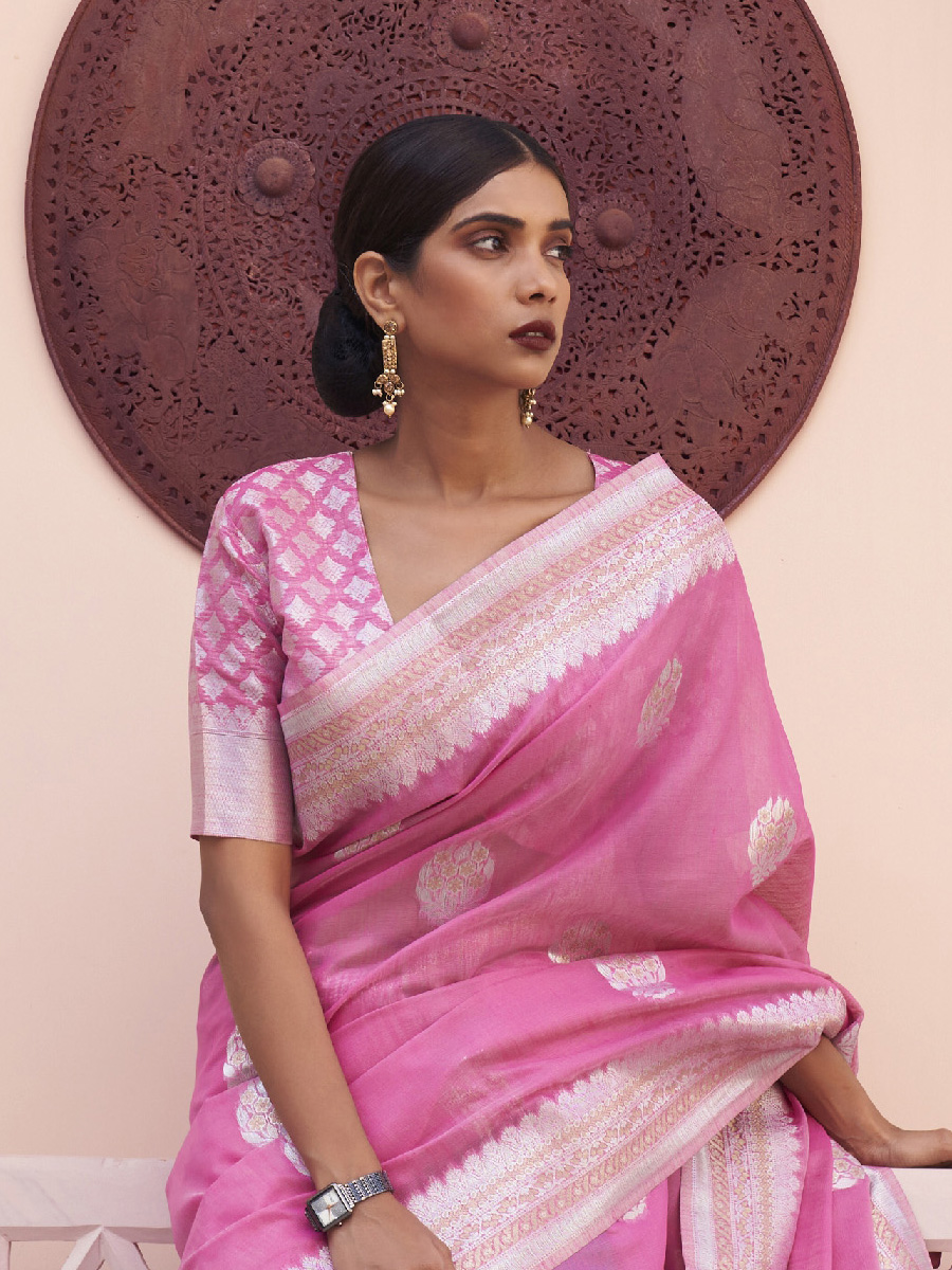 Pink Linen Handwoven Wedding Festival Heavy Border Saree
