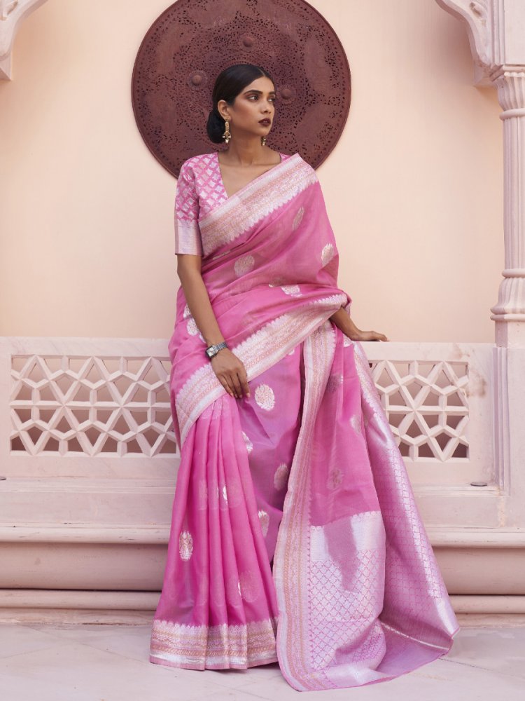 Pink Linen Handwoven Wedding Festival Heavy Border Saree