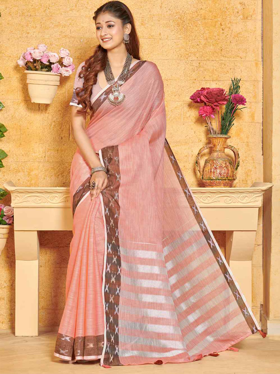 Pink Linen Handwoven Wedding Festival Heavy Border Saree