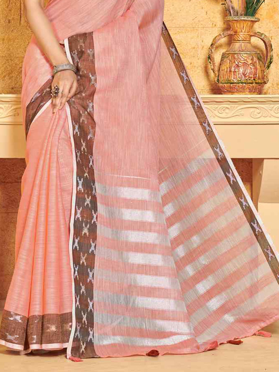 Pink Linen Handwoven Wedding Festival Heavy Border Saree