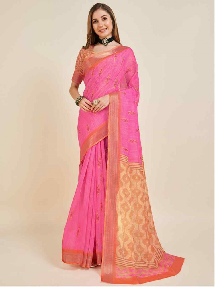 Pink Linen Printed Casual Festival Contemporary Saree
