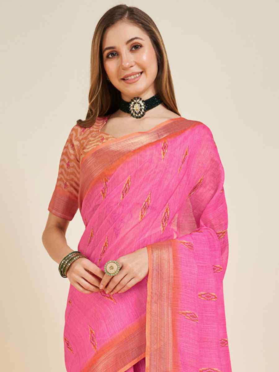 Pink Linen Printed Casual Festival Contemporary Saree