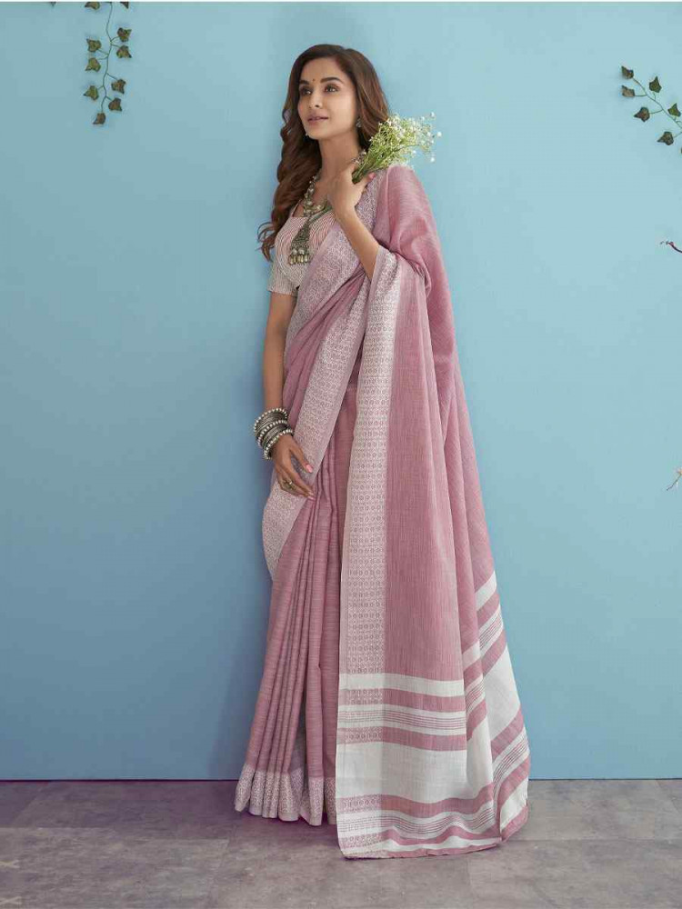 Image of Pink Linen Silk Embroidery Festival Wedding Fancy Heavy Border Saree