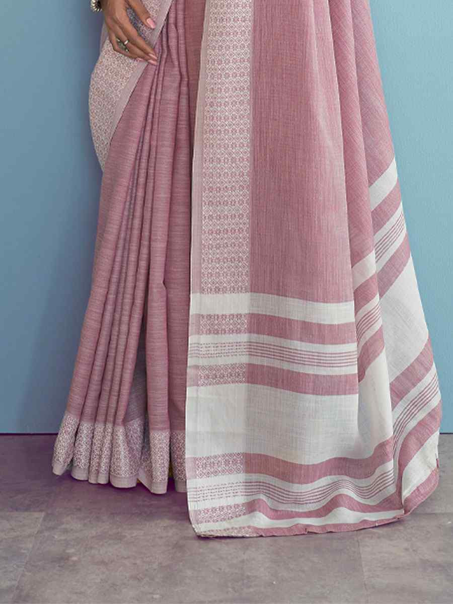 Pink Linen Silk Embroidery Festival Wedding Fancy Heavy Border Saree