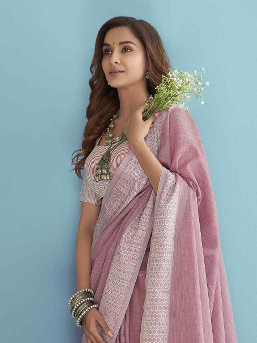 Pink Linen Silk Embroidery Festival Wedding Fancy Heavy Border Saree