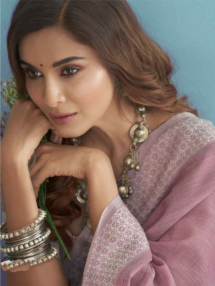 Pink Linen Silk Embroidery Festival Wedding Fancy Heavy Border Saree