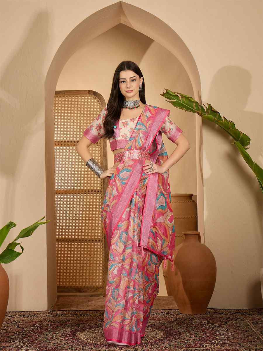Pink Linen Silver Zari Printed Casual Reception Festival Wedding Fancy Classic Style Sarees