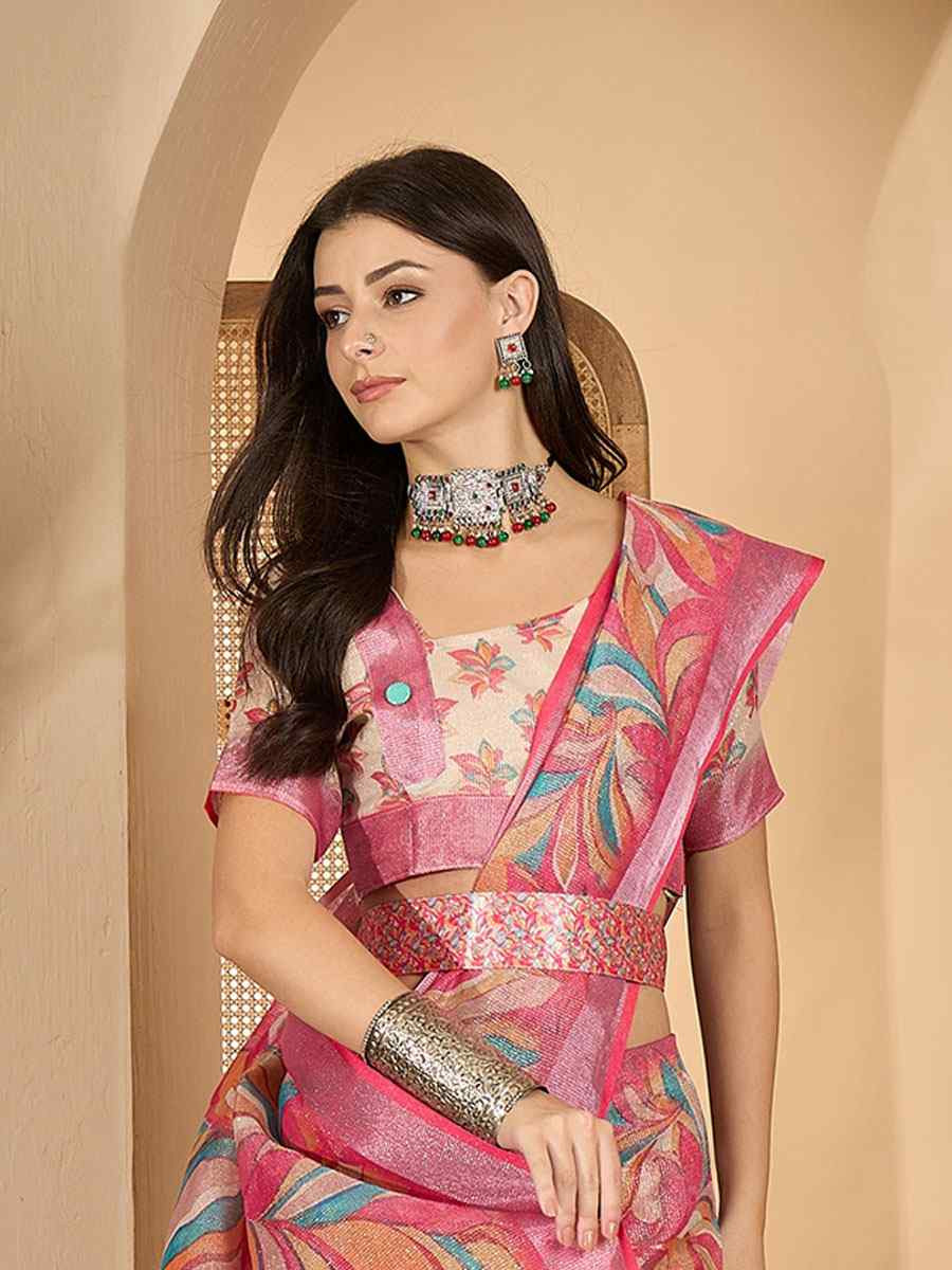 Pink Linen Silver Zari Printed Casual Reception Festival Wedding Fancy Classic Style Sarees
