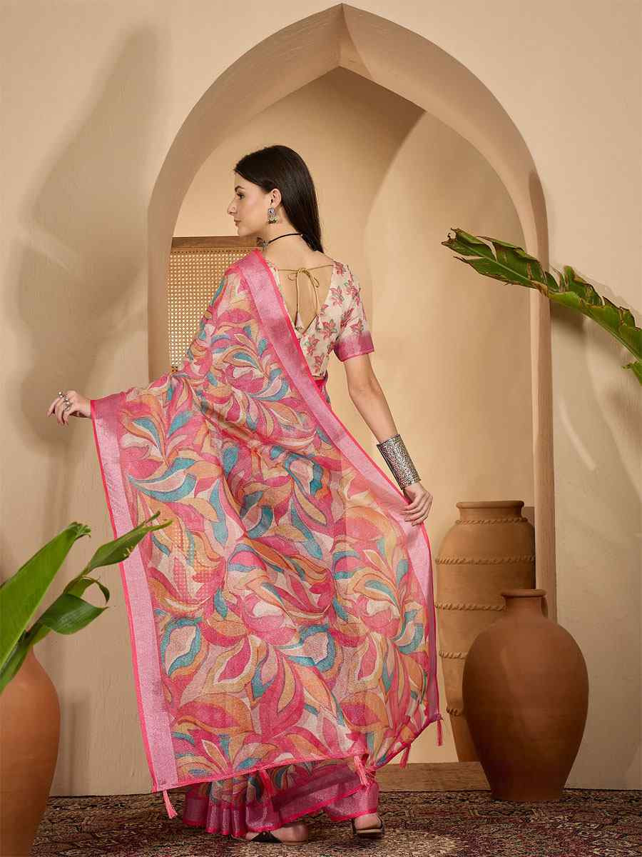 Pink Linen Silver Zari Printed Casual Reception Festival Wedding Fancy Classic Style Sarees
