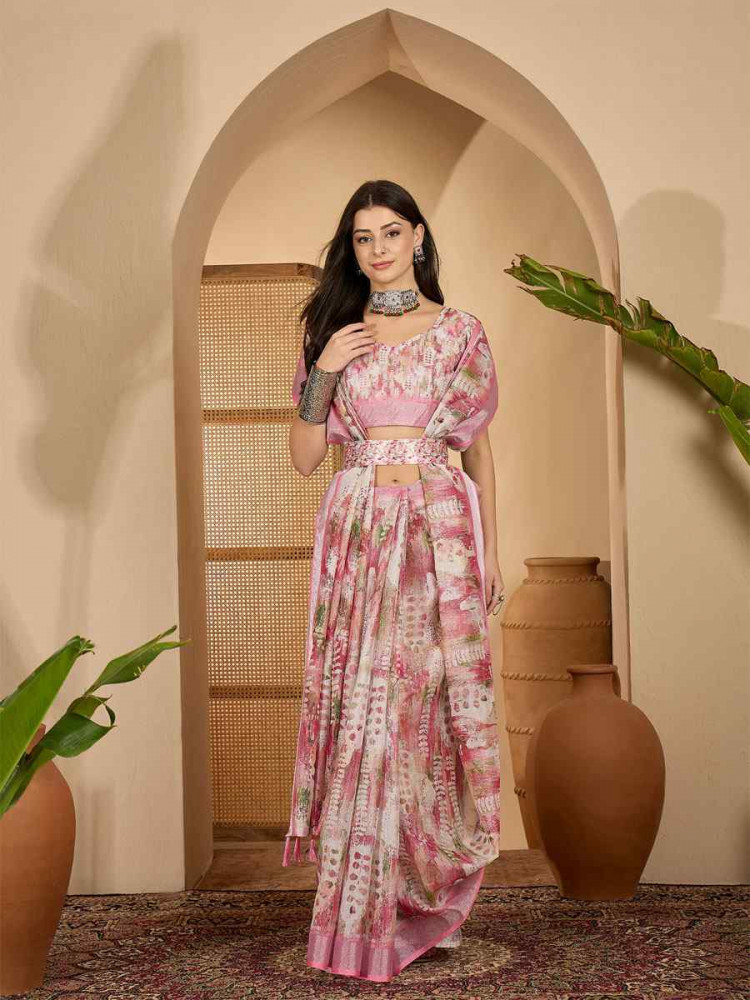 Image of Pink Linen Silver Zari Printed Casual Reception Festival Wedding Fancy Classic Style Sarees