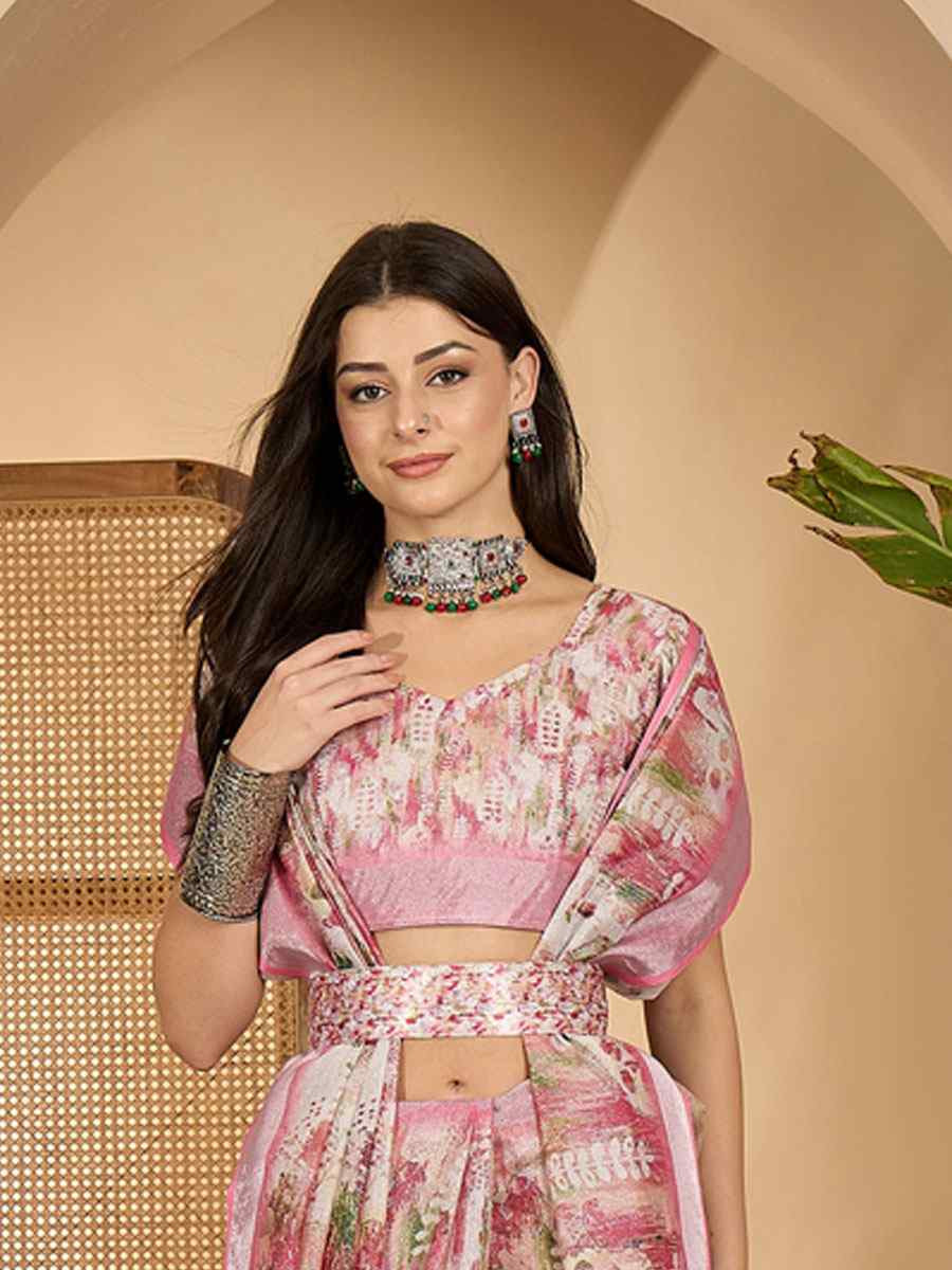 Pink Linen Silver Zari Printed Casual Reception Festival Wedding Fancy Classic Style Sarees