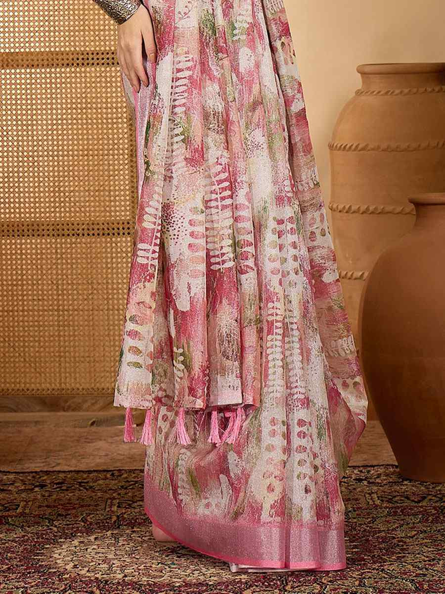 Pink Linen Silver Zari Printed Casual Reception Festival Wedding Fancy Classic Style Sarees