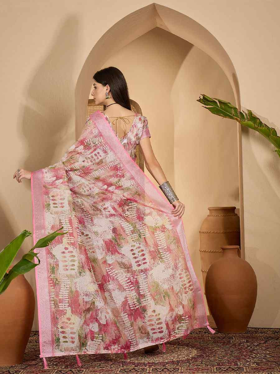 Pink Linen Silver Zari Printed Casual Reception Festival Wedding Fancy Classic Style Sarees