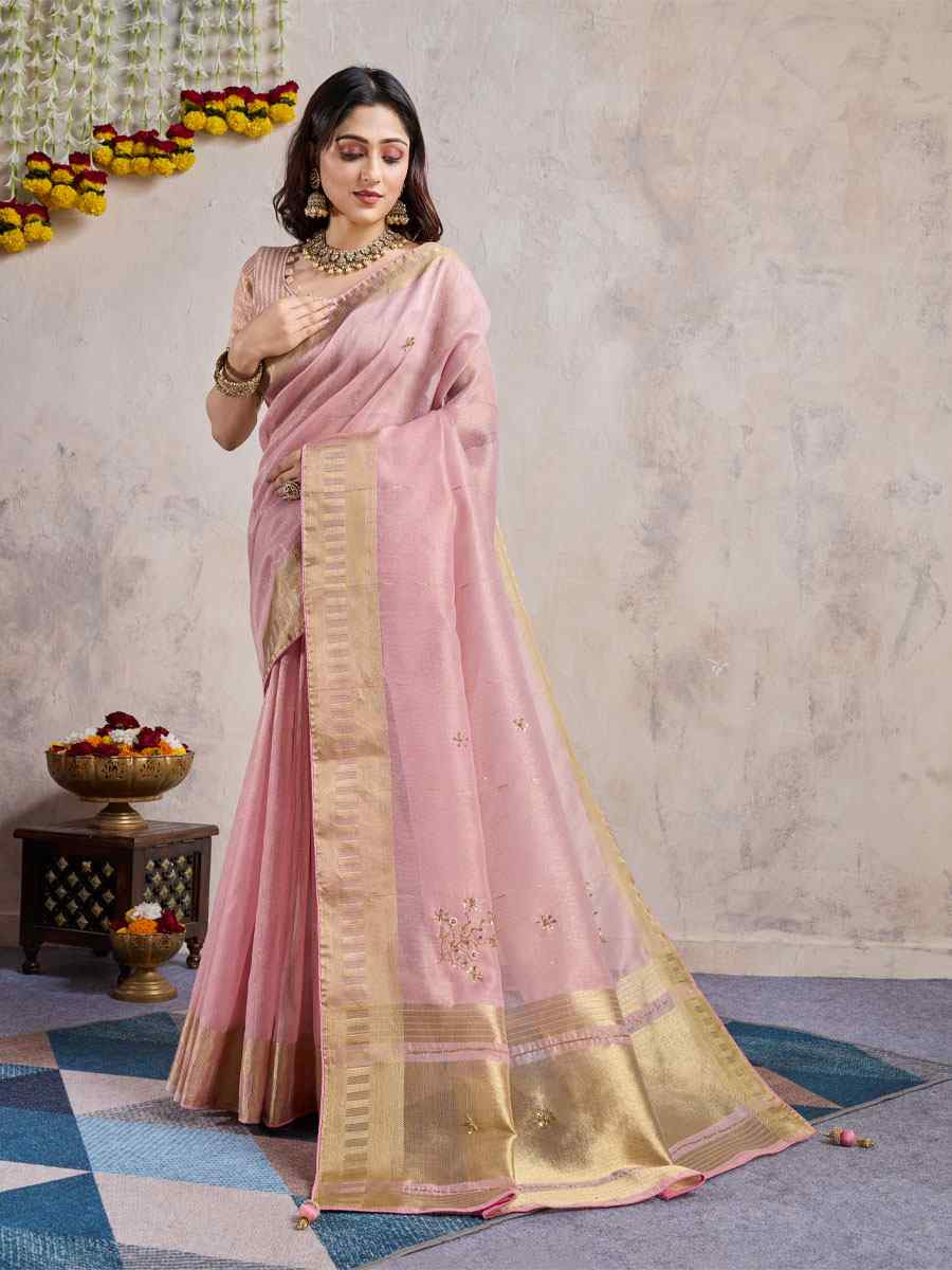 Pink Linen Slub Embroidery Casual Reception Festival Wedding Fancy Heavy Border Sarees