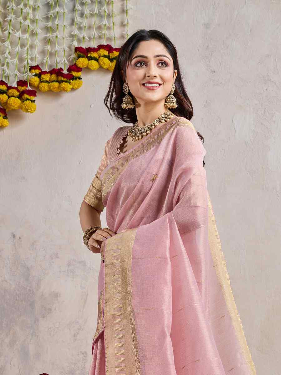 Pink Linen Slub Embroidery Casual Reception Festival Wedding Fancy Heavy Border Sarees