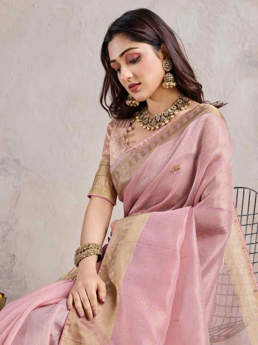 Pink Linen Slub Embroidery Casual Reception Festival Wedding Fancy Heavy Border Sarees